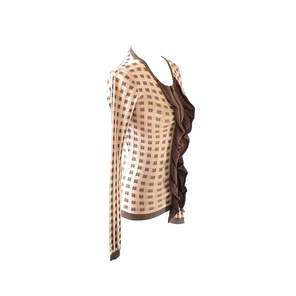 Light Sweater Checkered Pattern Ruffle Zip NWOT Pink Gray Lavender Extra Small - Picture 2 of 4